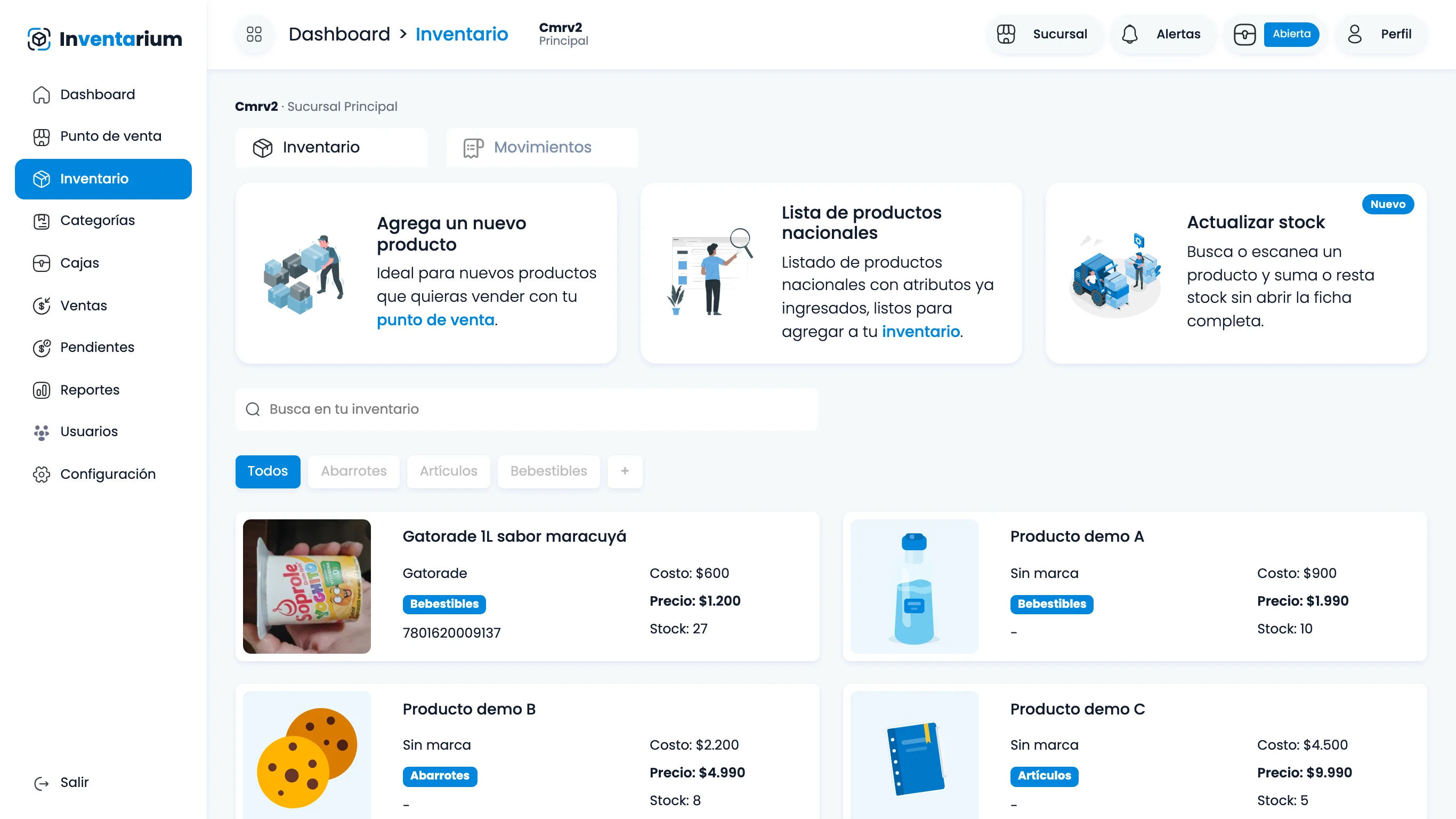 Vista de Inventario: Botón para dar de alta un nuevo producto en catálogo
