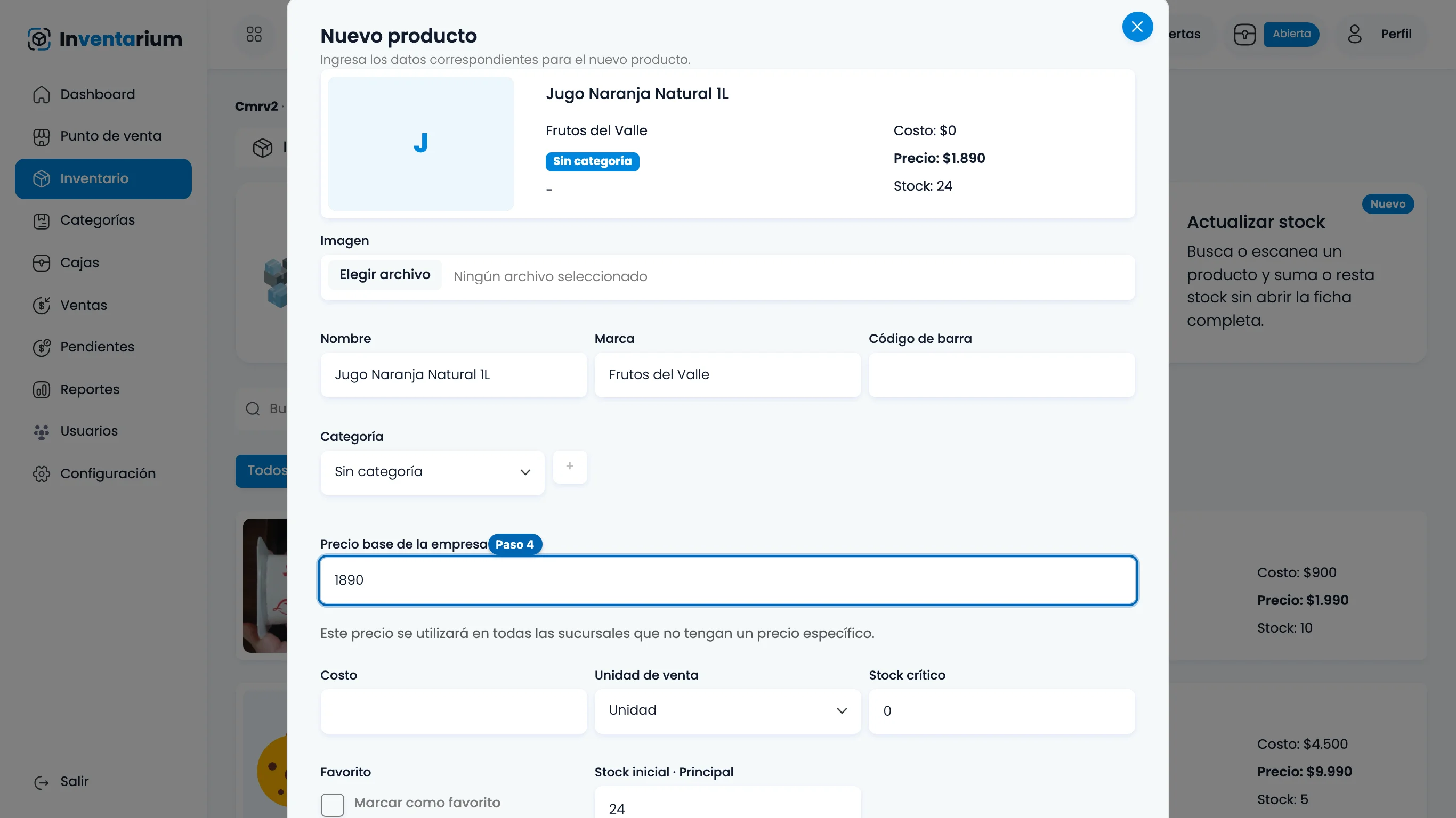 Configuración comercial: Precio de venta al público y saldo inicial en sucursal