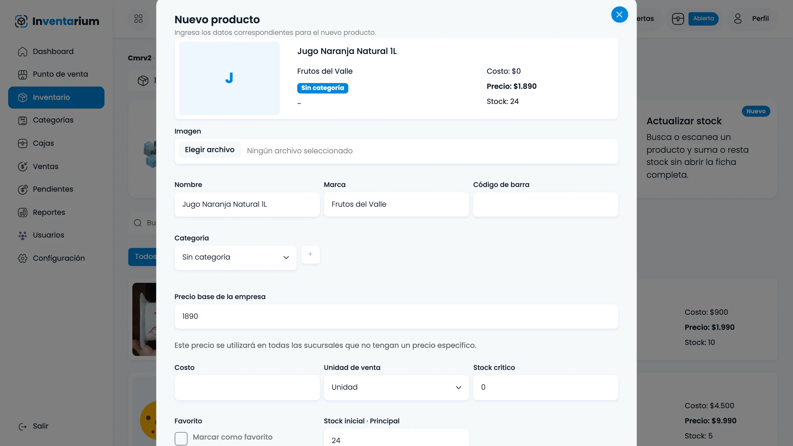 Finalización: Botón para guardar el producto en el inventario activo