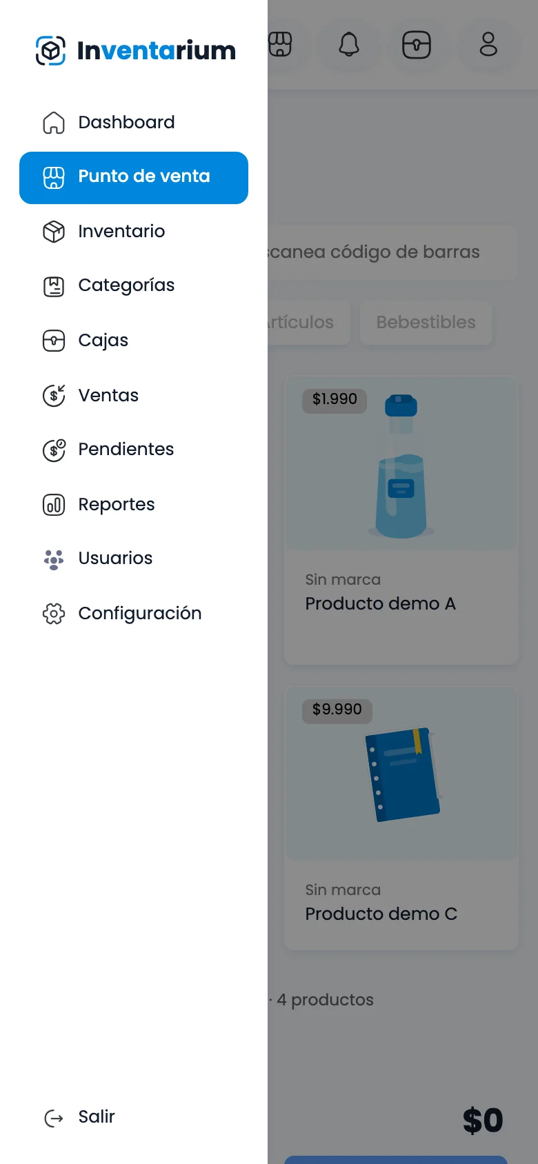 Panel de navegación móvil: Selección del módulo de Ventas