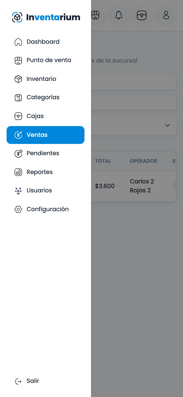 Navegación móvil: Ingreso a la sección de control de Cajas