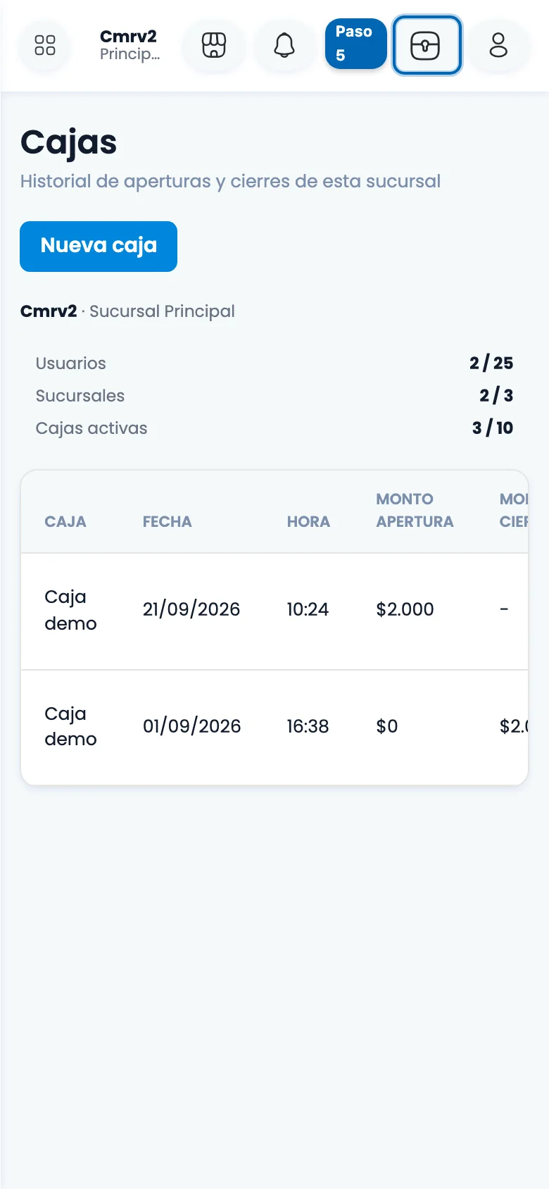 Resumen de caja en smartphone: Estado de sesión y balance operativo
